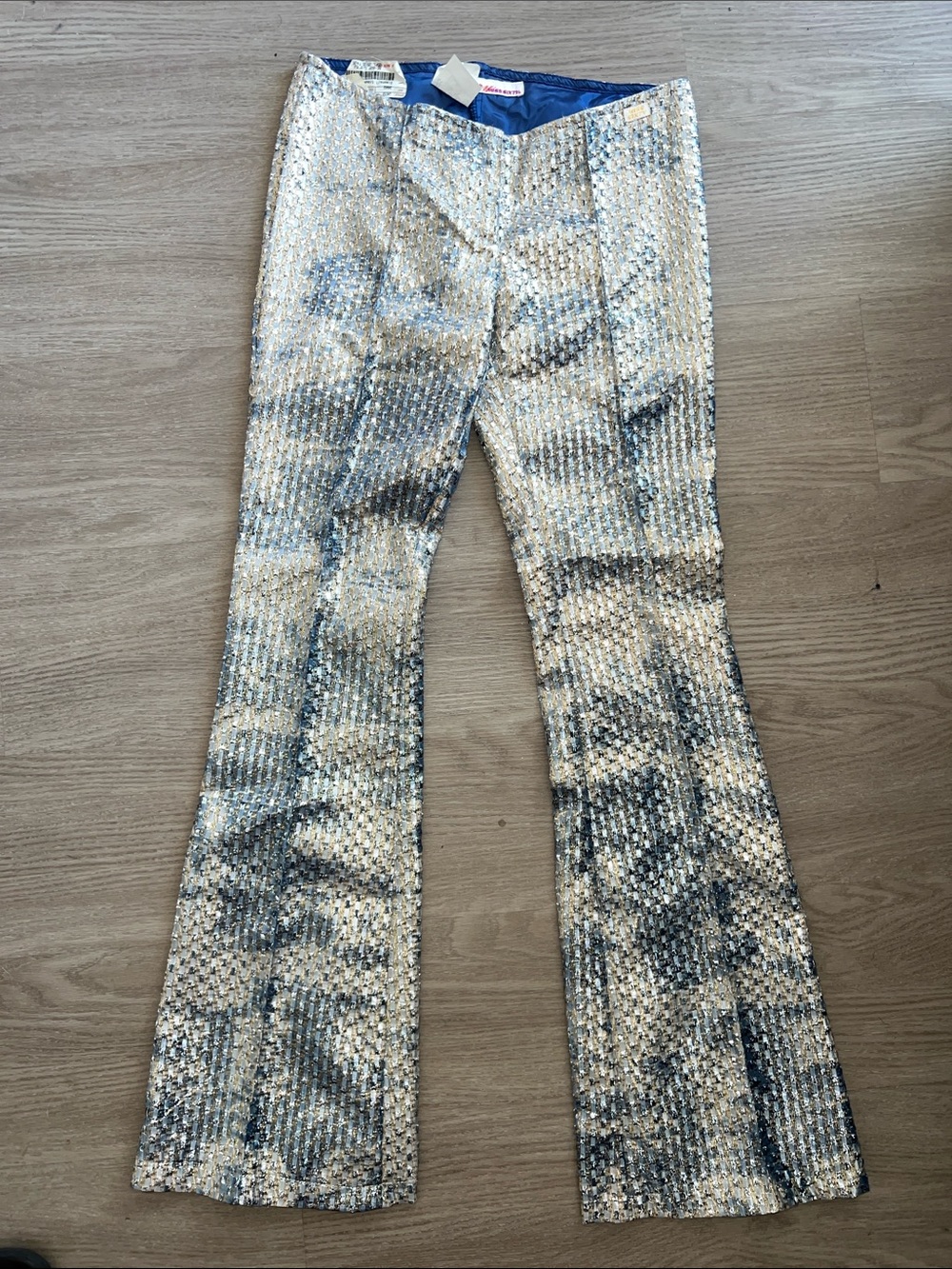 Y2K Miss Sixty Metallic flares in Silver, gold, and Blue tie dyed